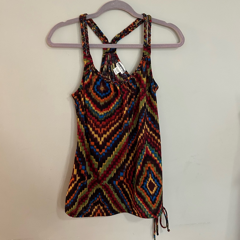 American Rag Tank Top Bright Geometric Pattern Braided Straps Cinch Hem Small